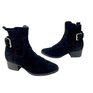 Via Spiga Womens 9M Boots Bootie Black Leather Suede Buckle Block Heel Zipper